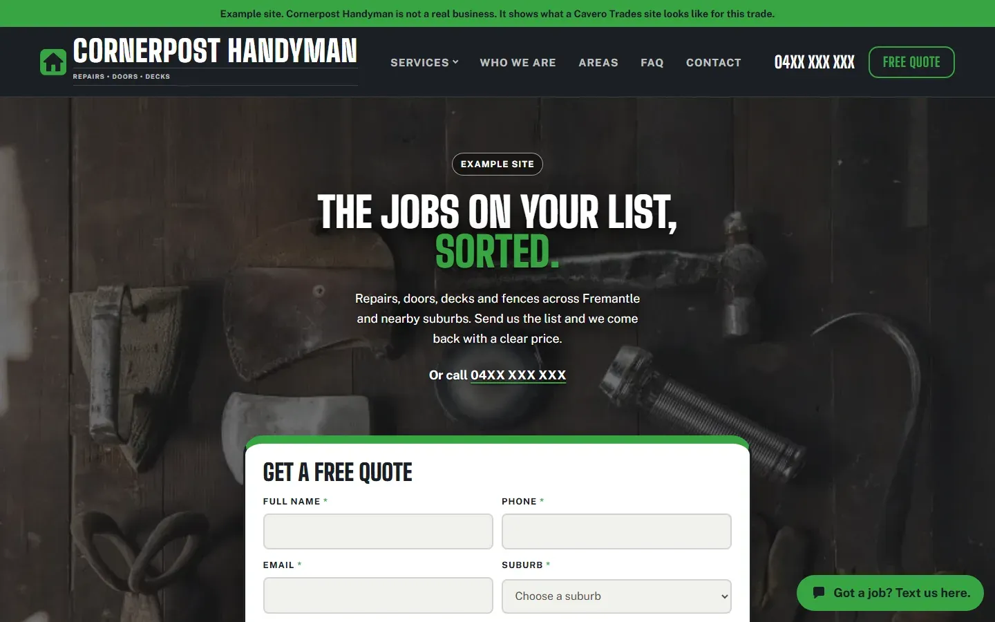 The top of the example site for a handyman on a desktop screen.