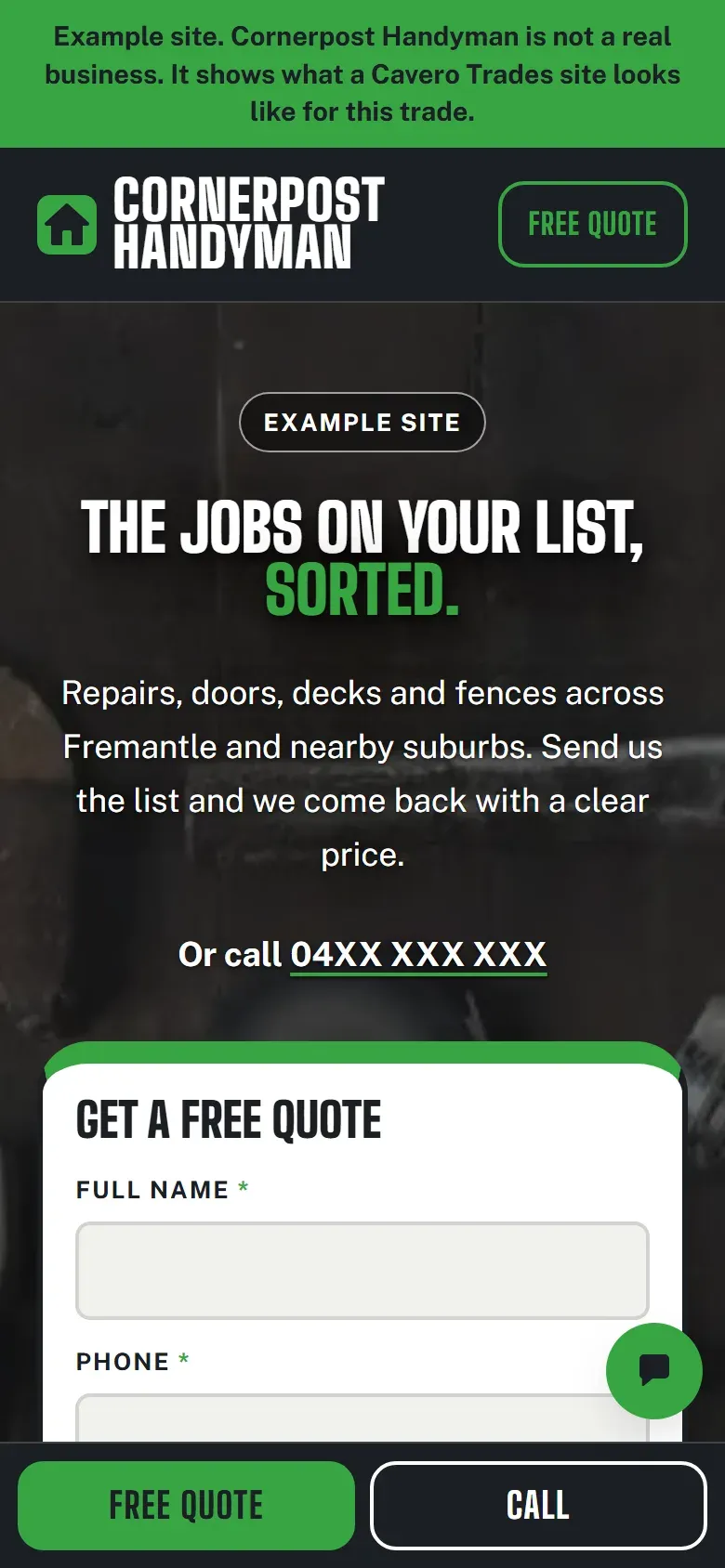 The same site on a phone: a tag that says it is an example site, and a headline and a quote form.