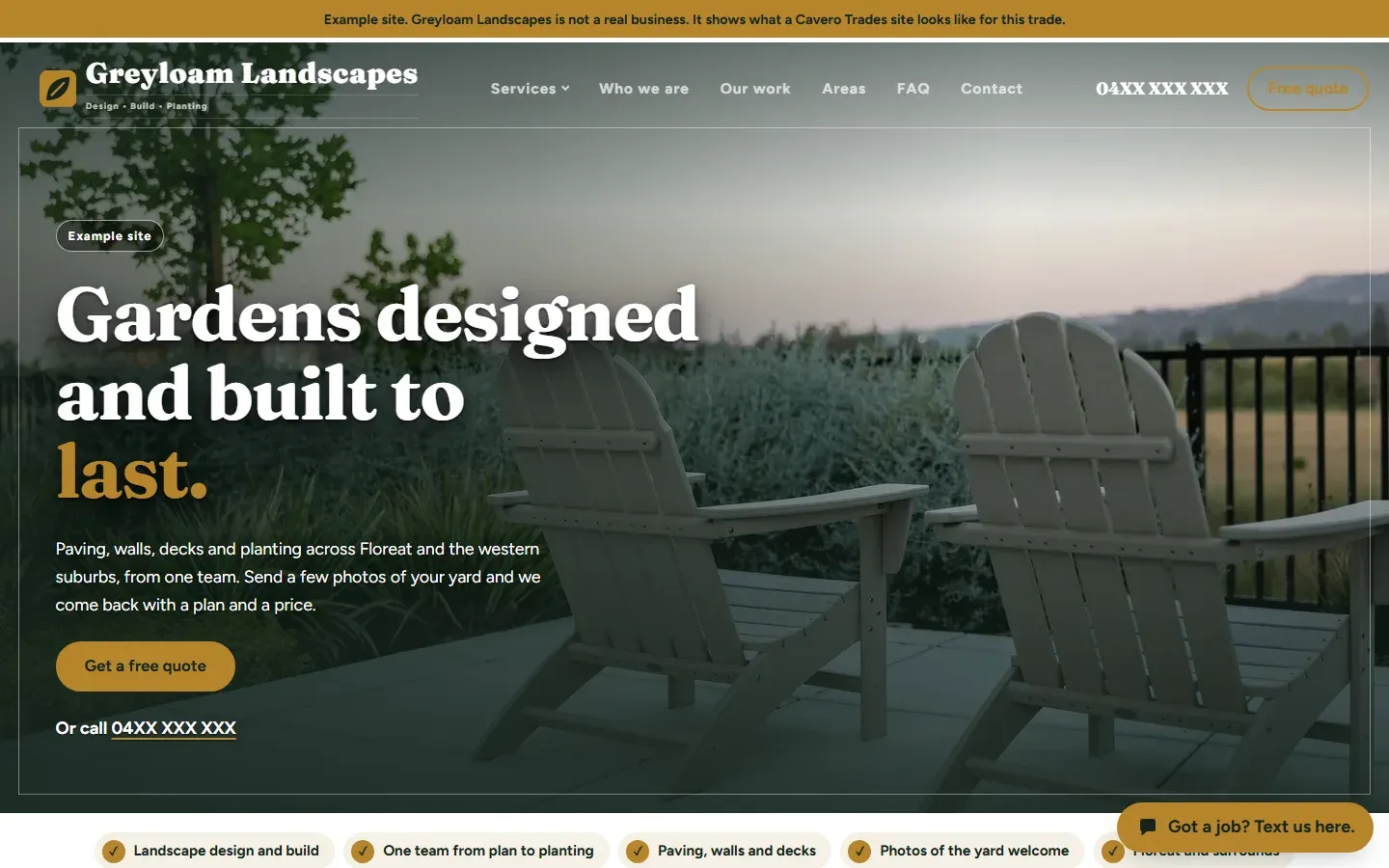 The top of the example site for a landscaper on a desktop screen.