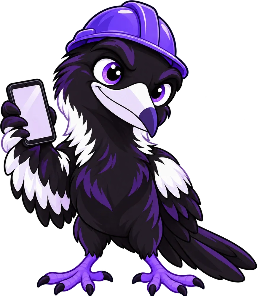 A magpie in a purple hard hat, holding up a phone.