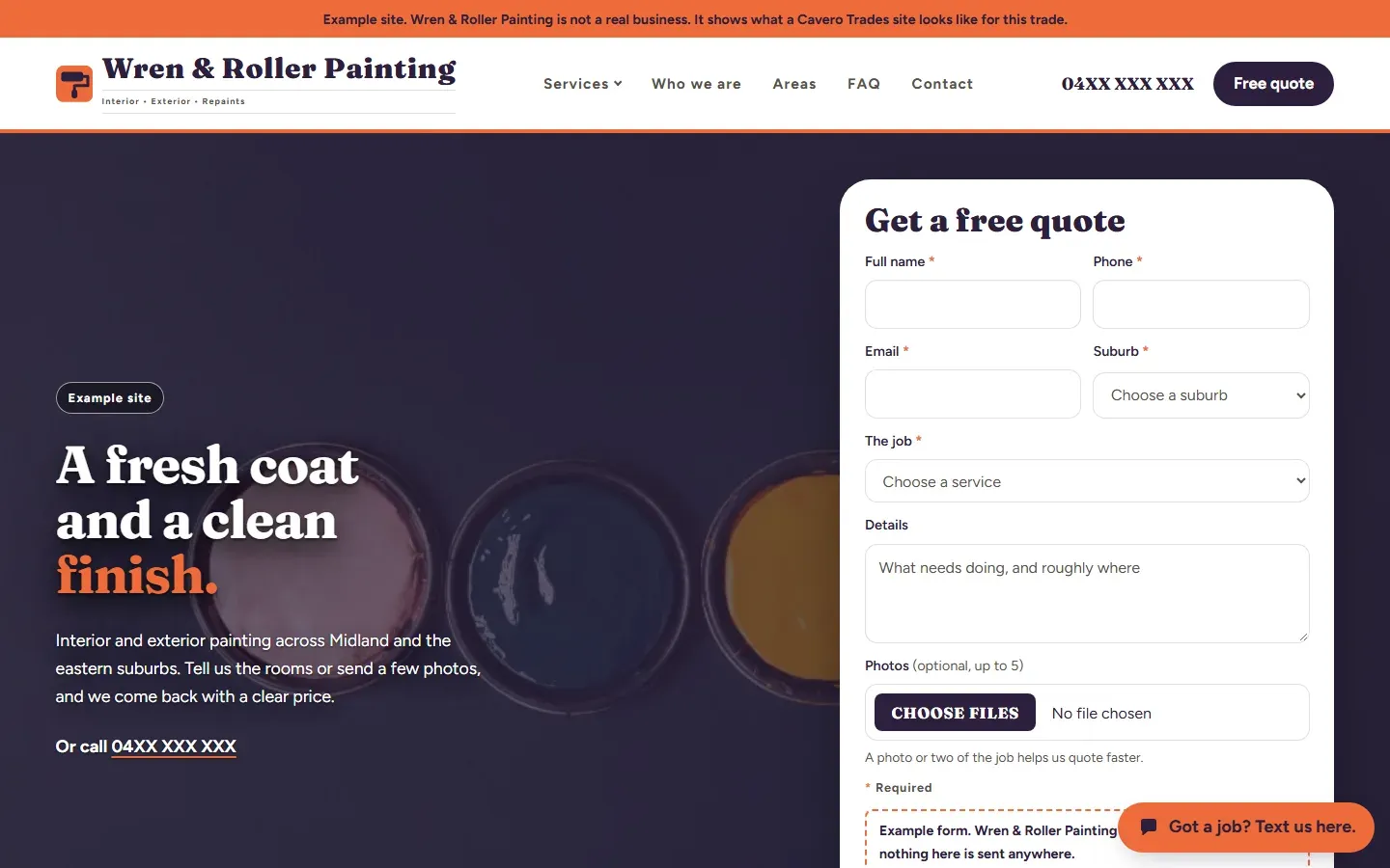 The top of the example site for a painter on a desktop screen.