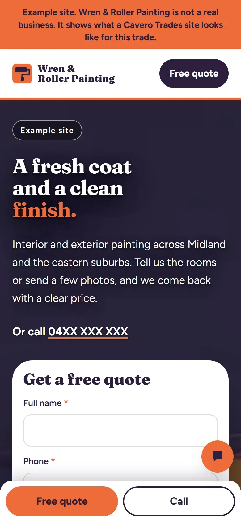 The same site on a phone: a tag that says it is an example site, and a headline and a quote form.
