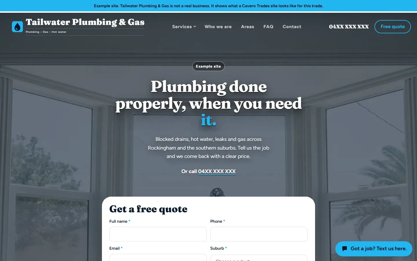 The top of the example site for a plumber on a desktop screen.
