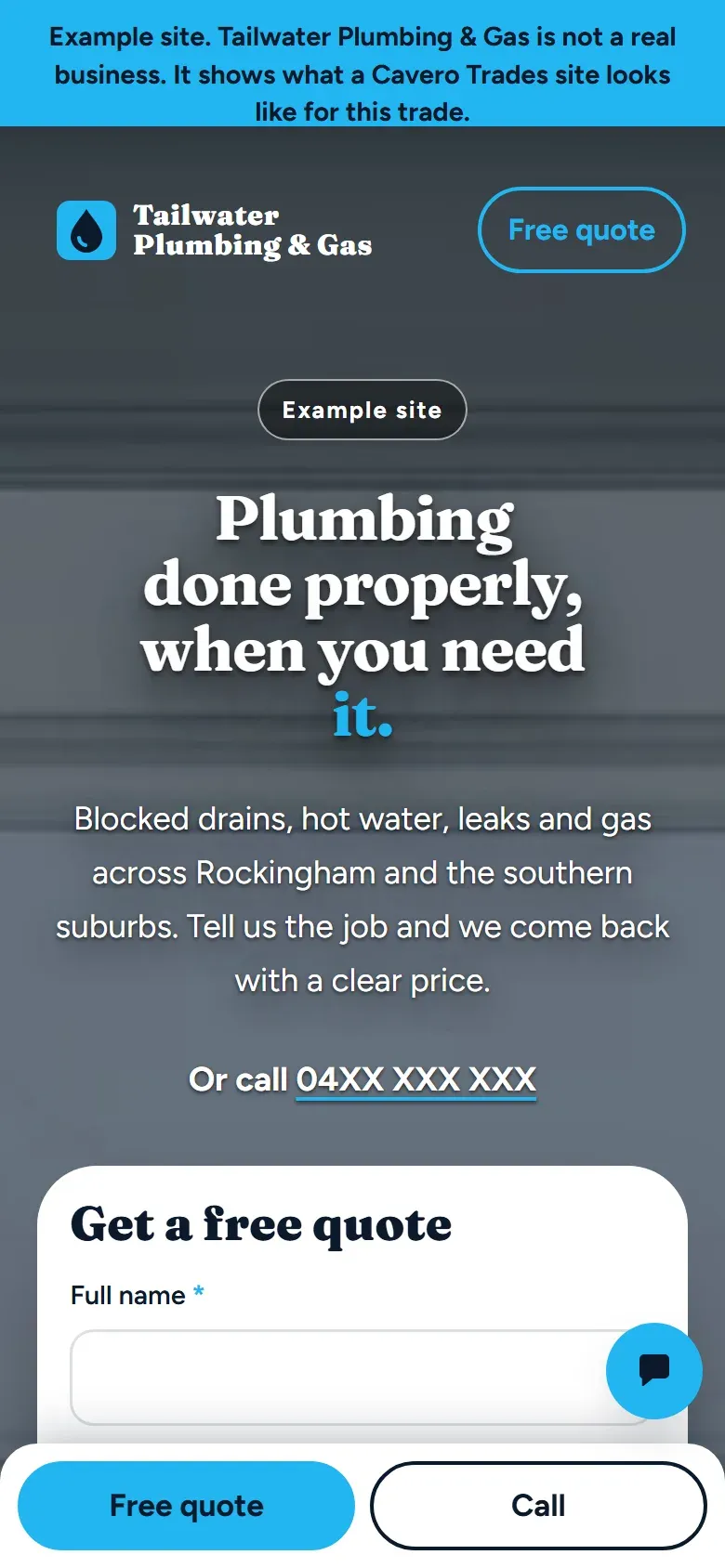 The same site on a phone: a tag that says it is an example site, and a headline and a quote form.